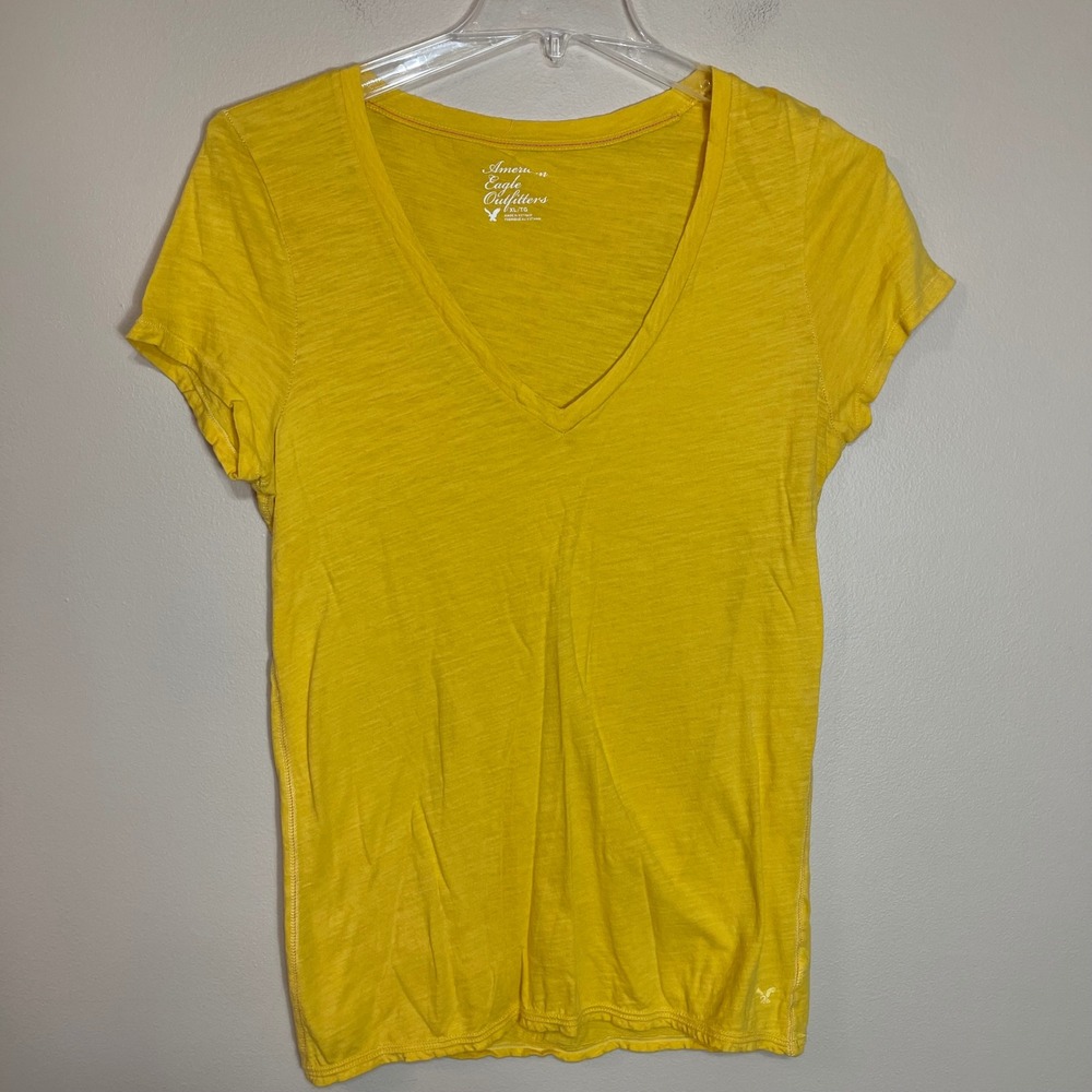 American Eagle Outfitters Womens XL Yellow Slub Knit V-Neck Short Sleeve T-Shirt